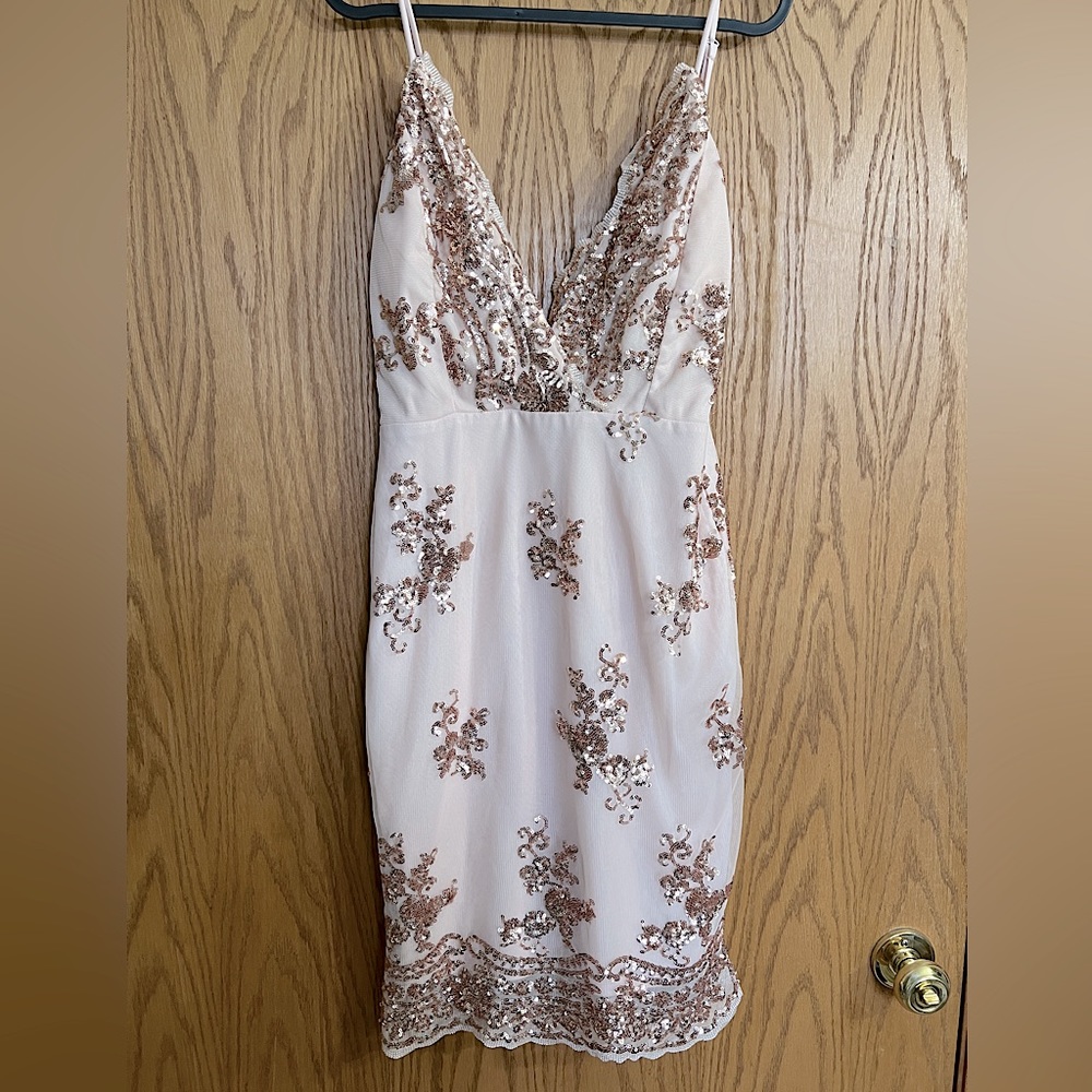 Rose Gold Sequin Slip Dress, Never Worn, Trac